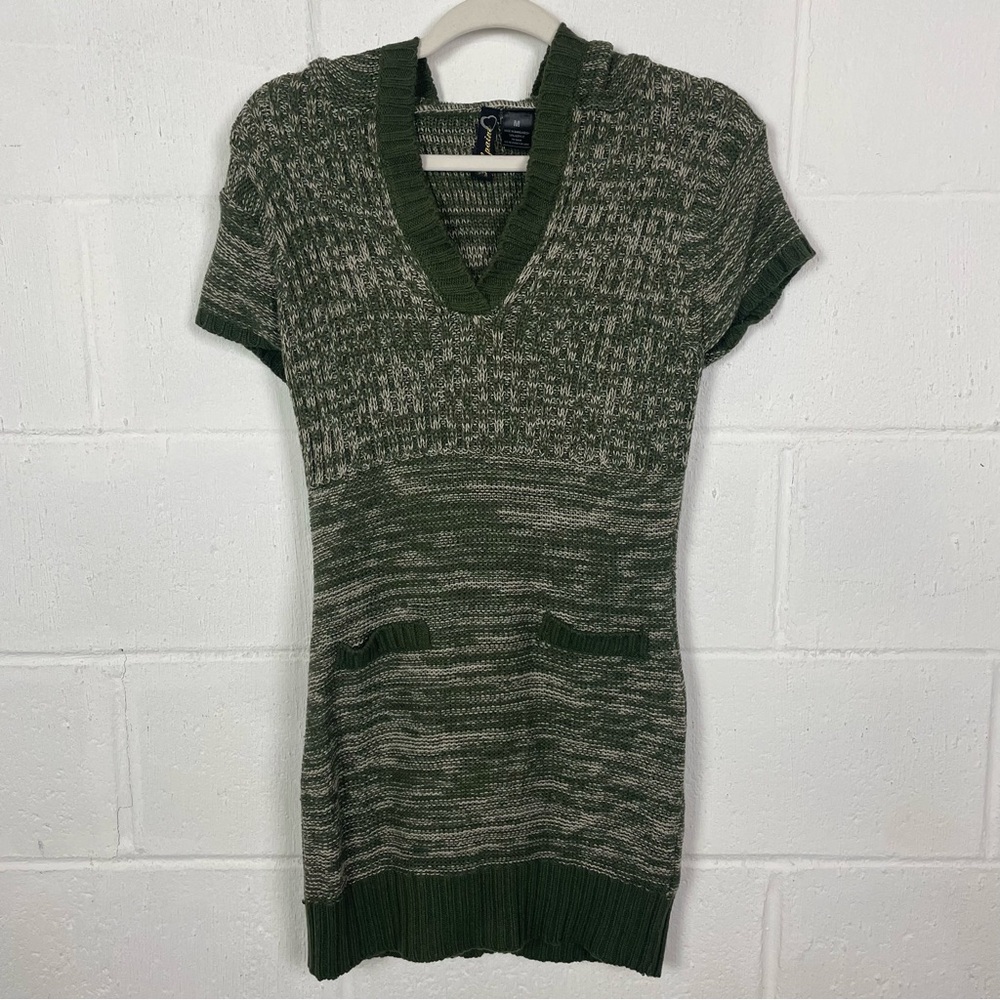 VTG Y2K Sweater Dress Body-Con Deep-V Hoodie Forest Goblin Earthy Grunge Indie M